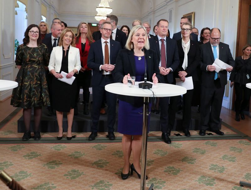 Sweden’s Prime Minister Magdalena Andersson presents her team of new