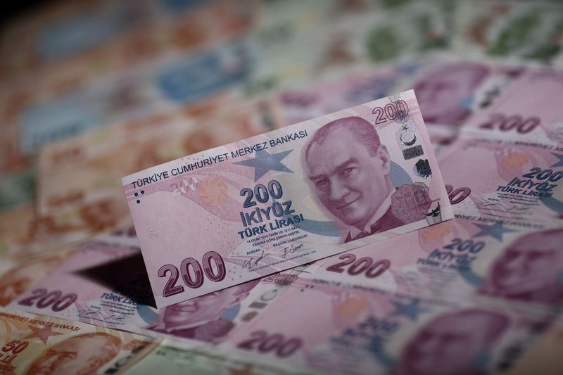 Turkish lira banknotes are seen in this illustration