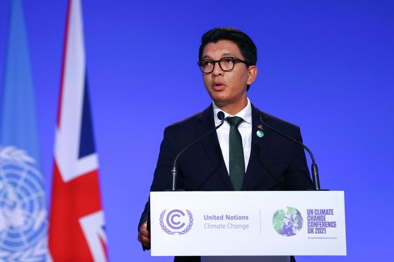Madagascar’s President Andry Rajoelina speaks during the UN Climate Change