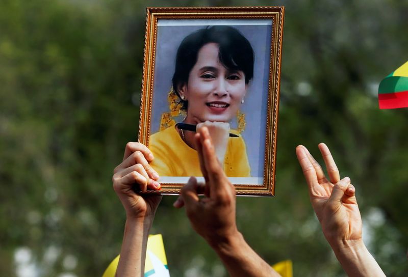 Myanmar citizens protest against the military coup in front of