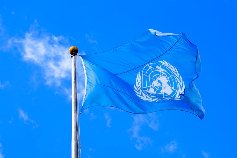 The United Nations flag is seen during the 74th session