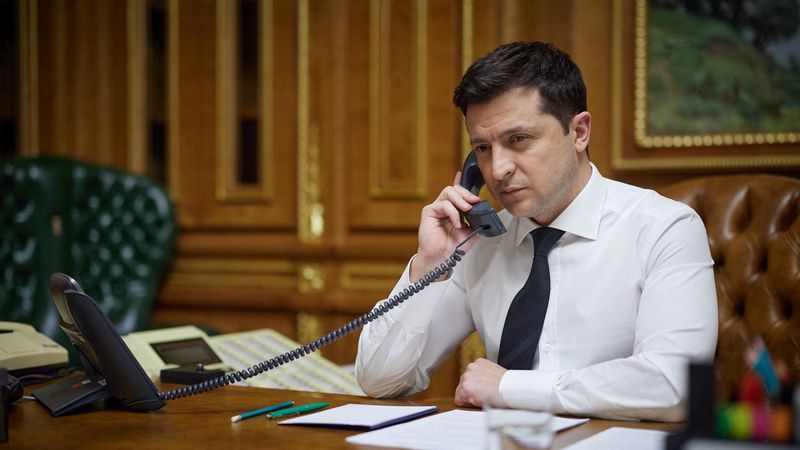 Ukraine’s President Volodymyr Zelenskiy speaks by phone with U.S. President