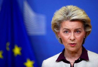 European Commission President Ursula von der Leyen delivers a media