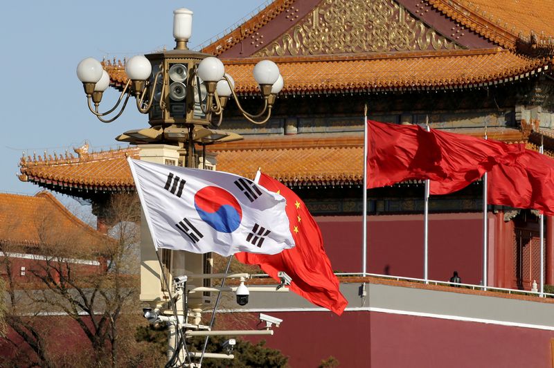FILE PHOTO: South Korea and China’s flags flutter next to