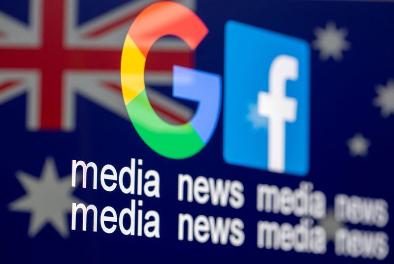 FILE PHOTO: Google and Facebook logos, words “media, news, media”