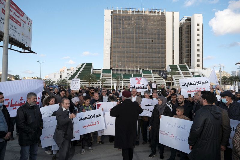 Libyans in Benghazi protest the delay of a presidential election