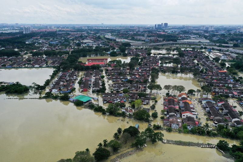 Aerial view shows a flooded neighbourhood in Shah Alam