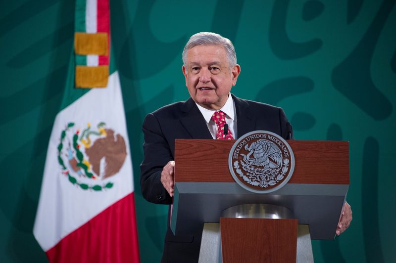 Mexico’s President Andres Manuel Lopez Obrador speaks during a news