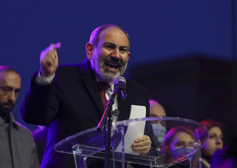 Armenian Prime Minister Nikol Pashinyan attends a rally in Yerevan