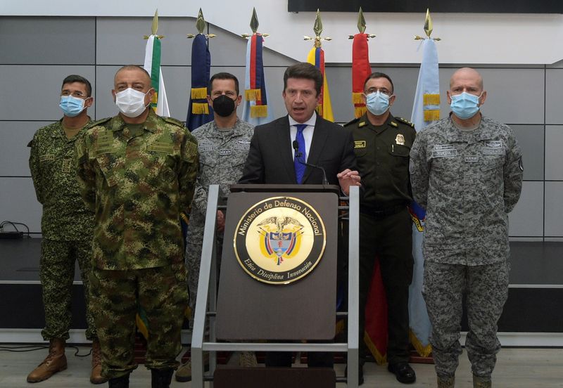Colombia’s Defense Minister Diego Molano holds a news conference in