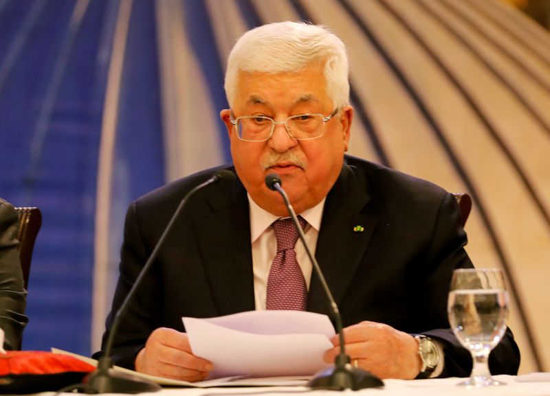 Palestinian President Mahmoud Abbas delivers a speech following the announcement