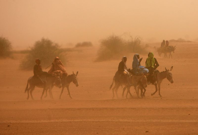 FILE PHOTO: Internally displaced girls ride donkeys during a sandstorm
