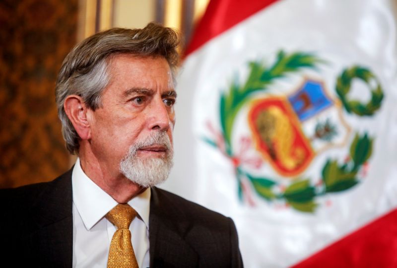 Peru’s interim President Francisco Sagasti talks to Reuters, in Lima