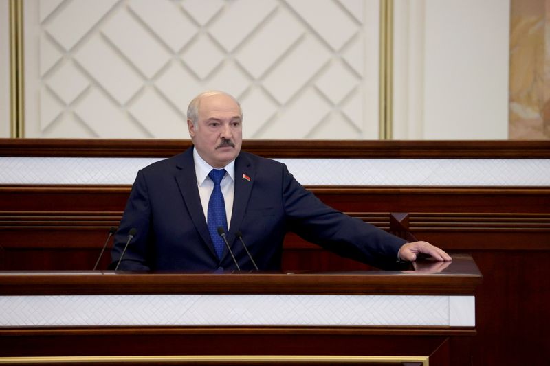 Belarusian President Alexander Lukashenko delivers a speech during a meeting