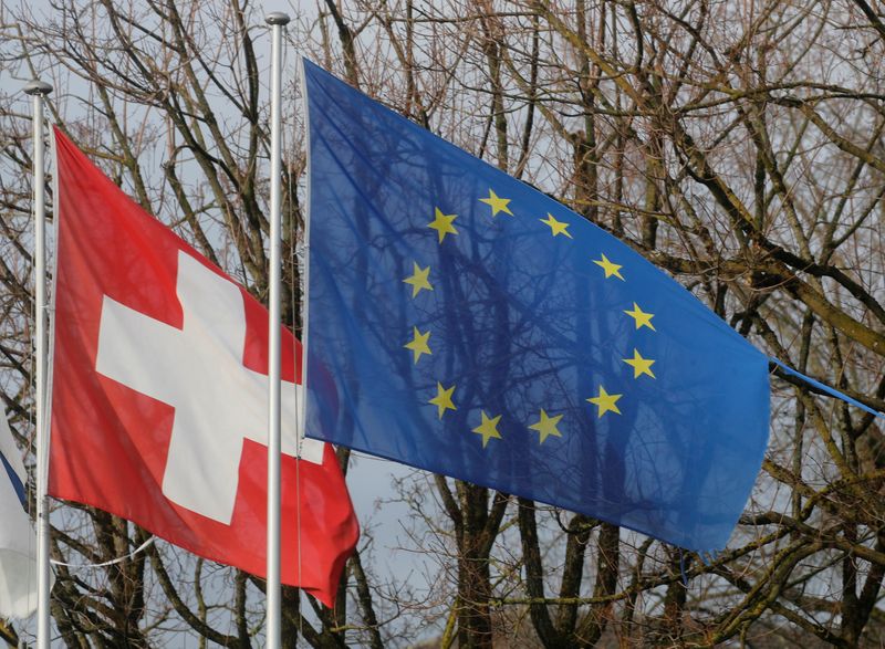 FILE PHOTO: Switzerland’s national flag flies beside the one of
