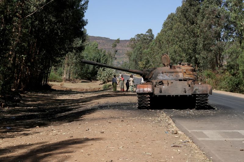 FILE PHOTO: A burned tank stands near the town of