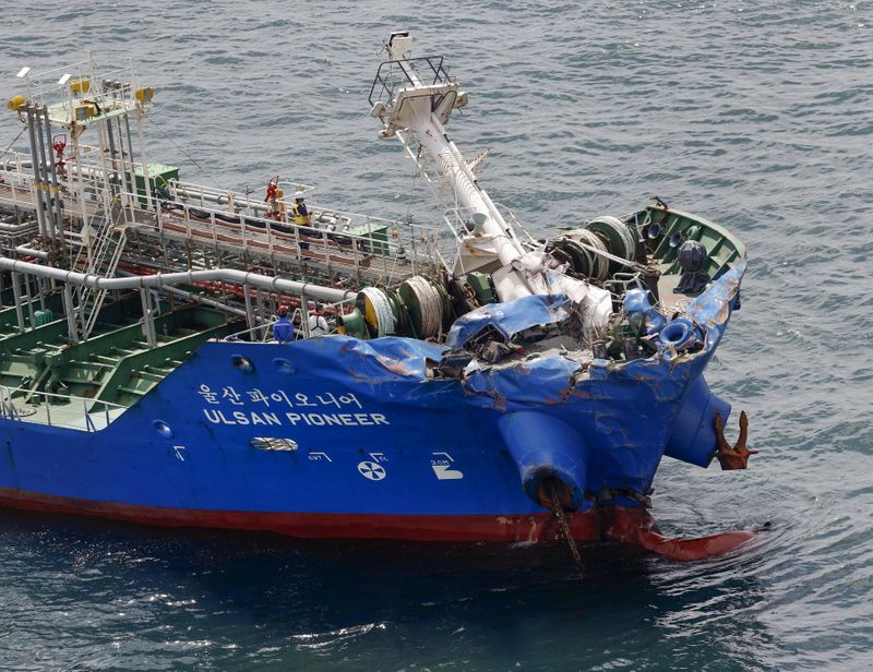 Aerial view shows damaged bow of chemical tanker Ulsan Pioneer