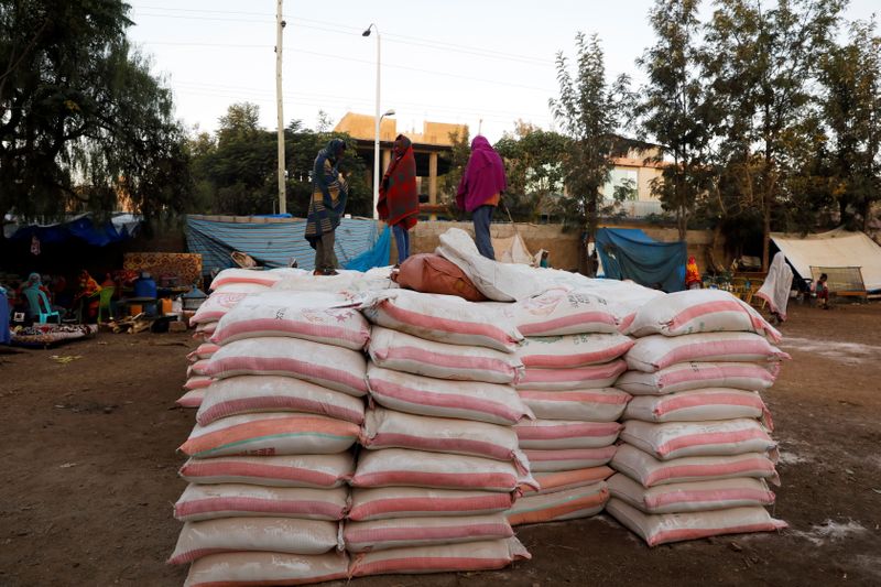 FILE PHOTO: Bags of food donations are seen at the