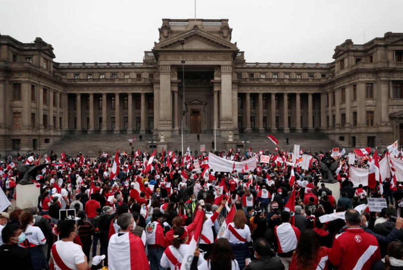 Supporters of Peru’s presidential candidate Keiko Fujimori gather outside the