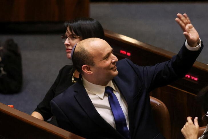 Naftali Bennett, Prime Minister-designate, gestures at the Knesset, Israel’s parliament,