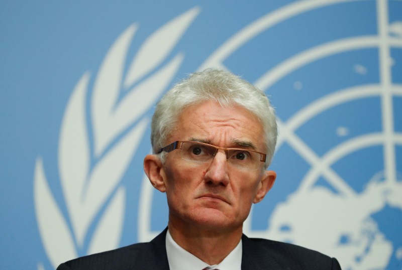 UN humanitarian coordinator Lowcock attends a news conference in Geneva