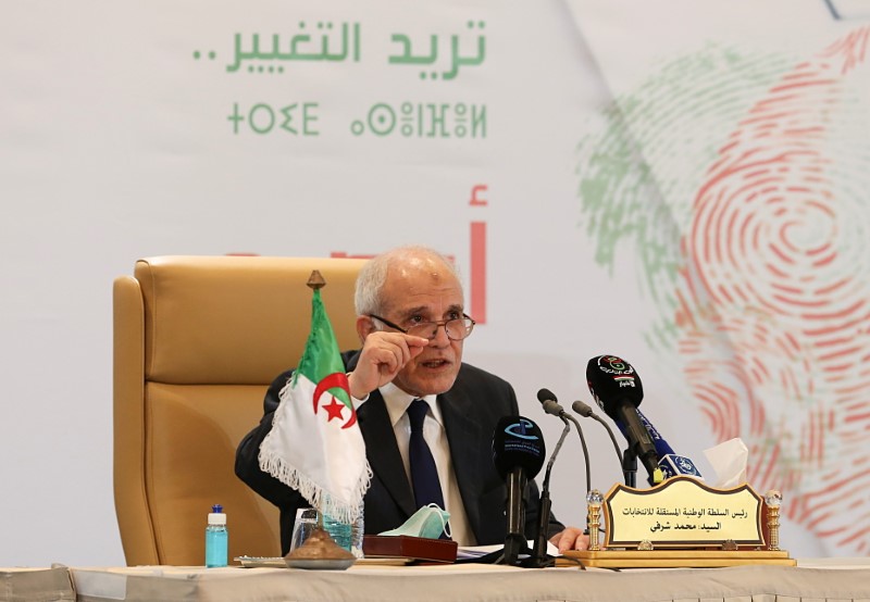 Algeria’s election authority head Mohamed Chorfi speaks during a news