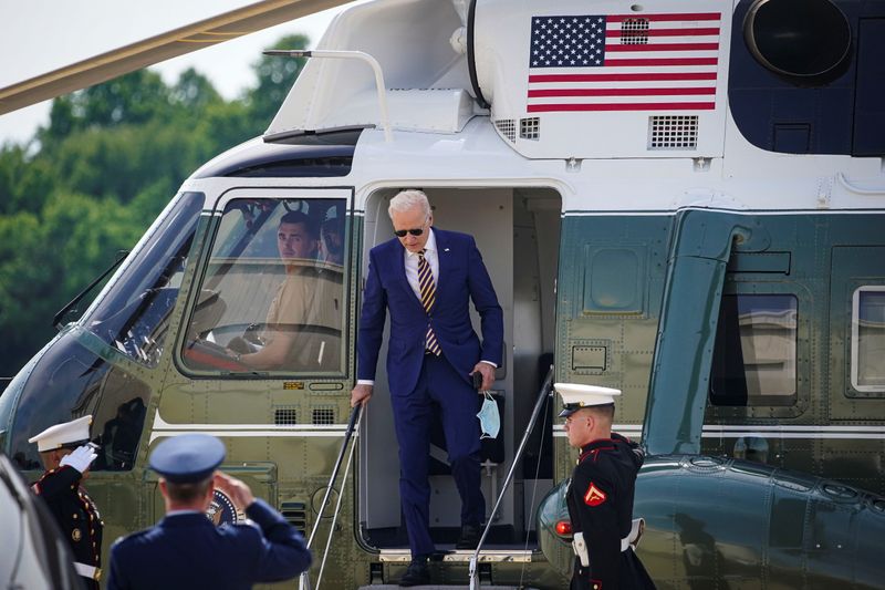U.S. President Joe Biden arrives on Marine One for a