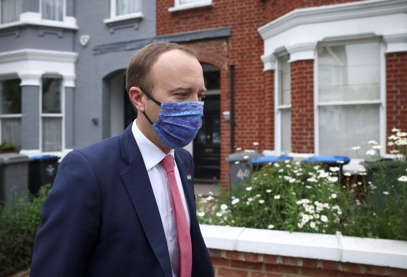 Britain’s Health Secretary Matt Hancock leaves his house, in London