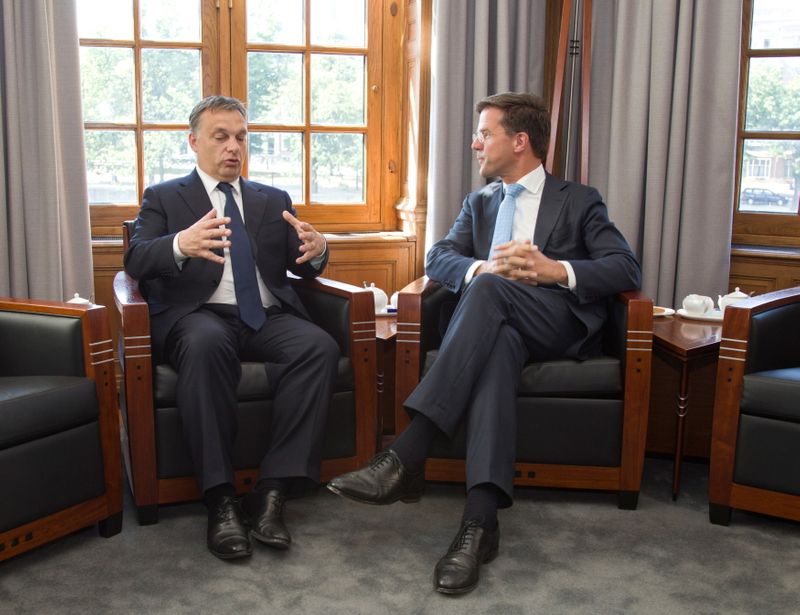 FILE PHOTO: Dutch PM Rutte speaks with his Hungarian counterpart
