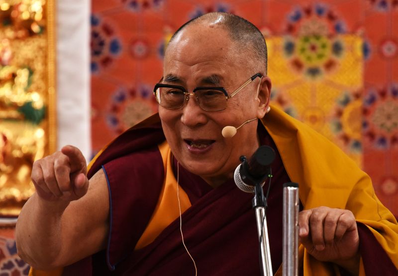 Tibetan spiritual leader the Dalai Lama addresses a gathering at