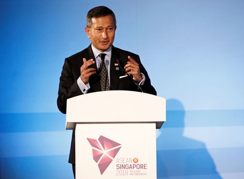 FILE PHOTO: Singapore’s Foreign Minister Vivian Balakrishnan gives an address