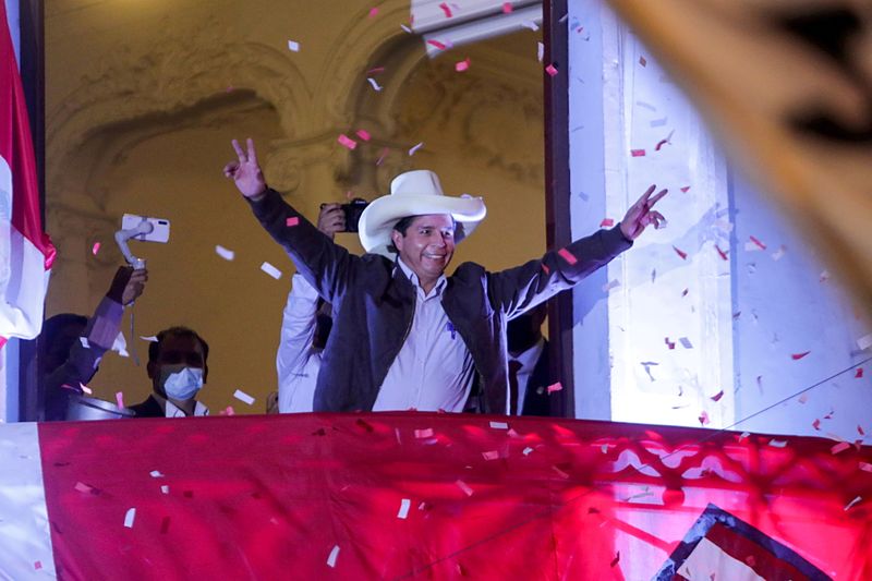 FILE PHOTO: Peru’s presidential candidate Pedro Castillo addresses supporters in