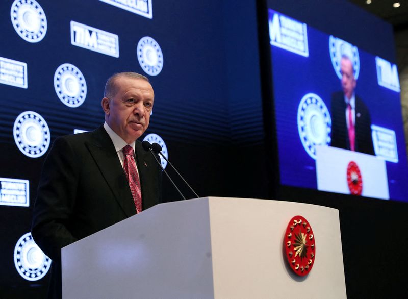Turkish President Erdogan addresses businesspeople during a meeting in Istanbul