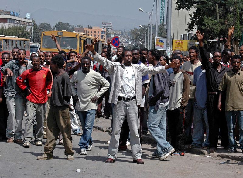 FILE PHOTO: Ethiopian students confront federal riot police in Addis
