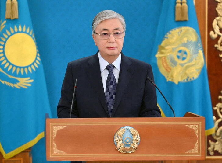 FILE PHOTO: Kazakh President Kassym-Jomart Tokayev addresses the nation in