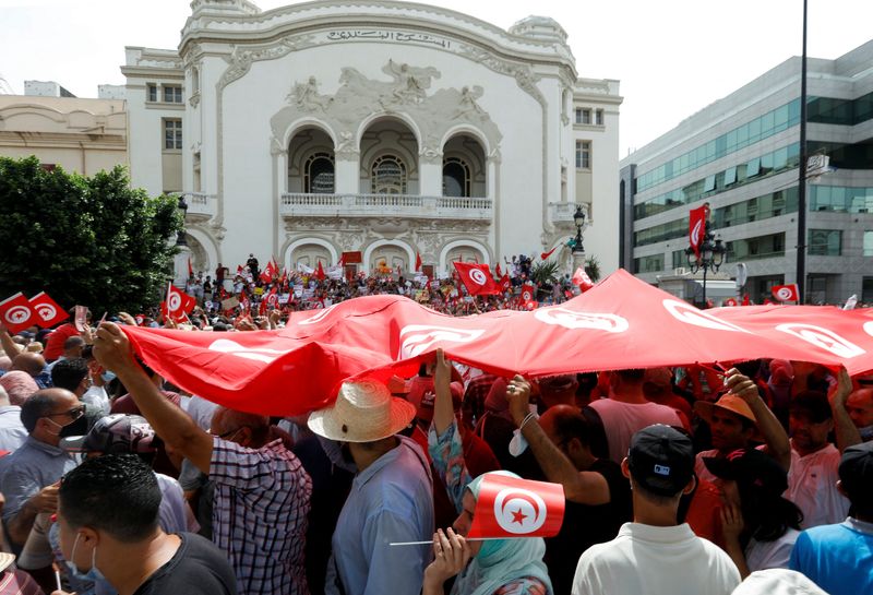 Demonstrators protest against Tunisian President Kais Saied’s seizure of governing