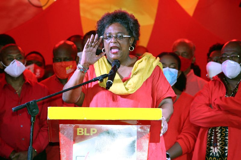 Barbados Prime Minister Mia Mottley speaks to supporters after winning
