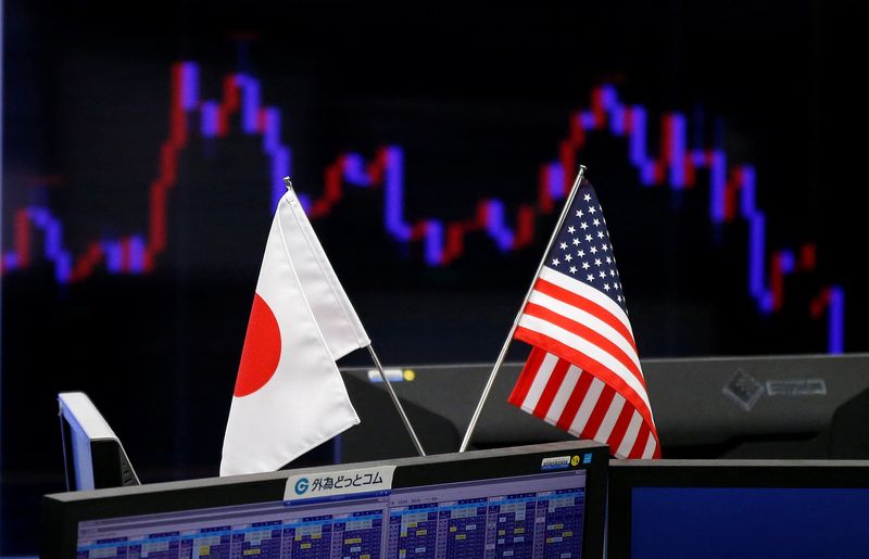 FILE PHOTO: National flags of Japan and the U.S. are