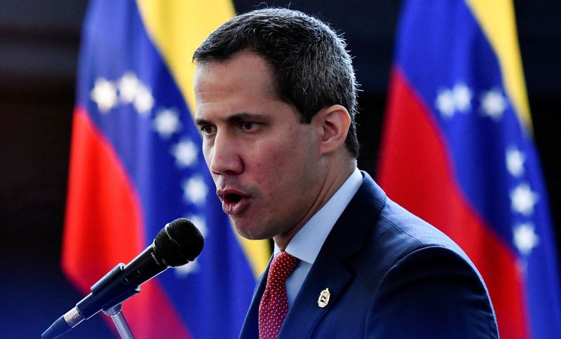 Venezuela’s opposition leader Juan Guaido gives a speech during a