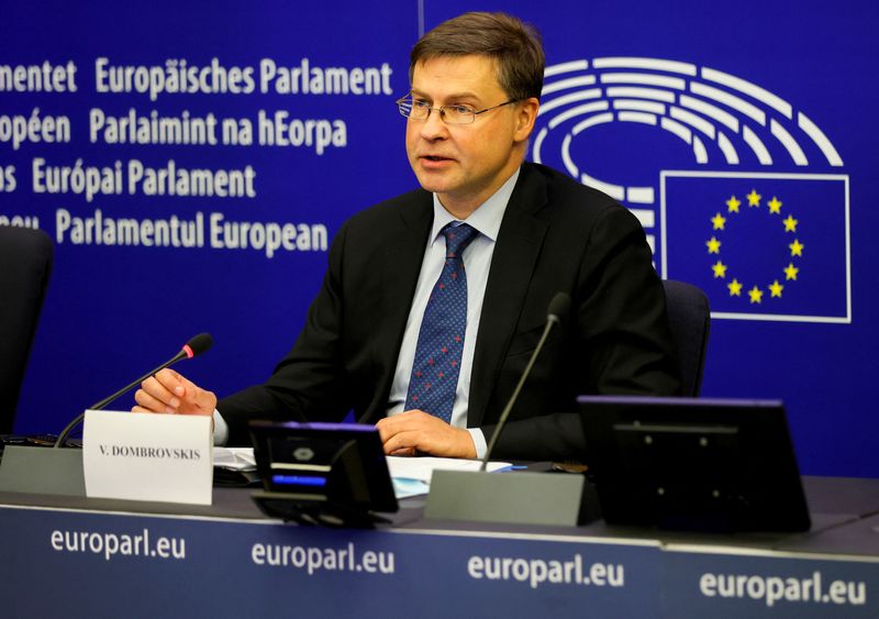 European Commission Executive Vice President Valdis Dombrovskis attend a press