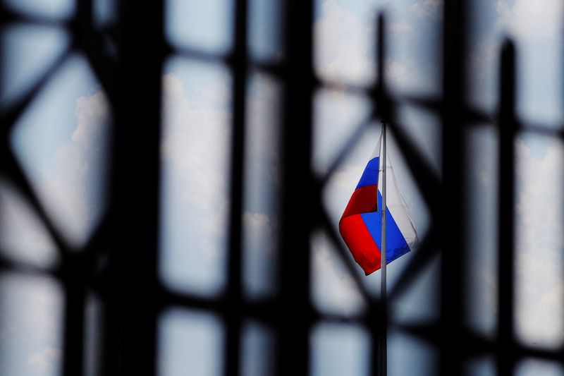 FILE PHOTO: The Russian flag flies over the Embassy of