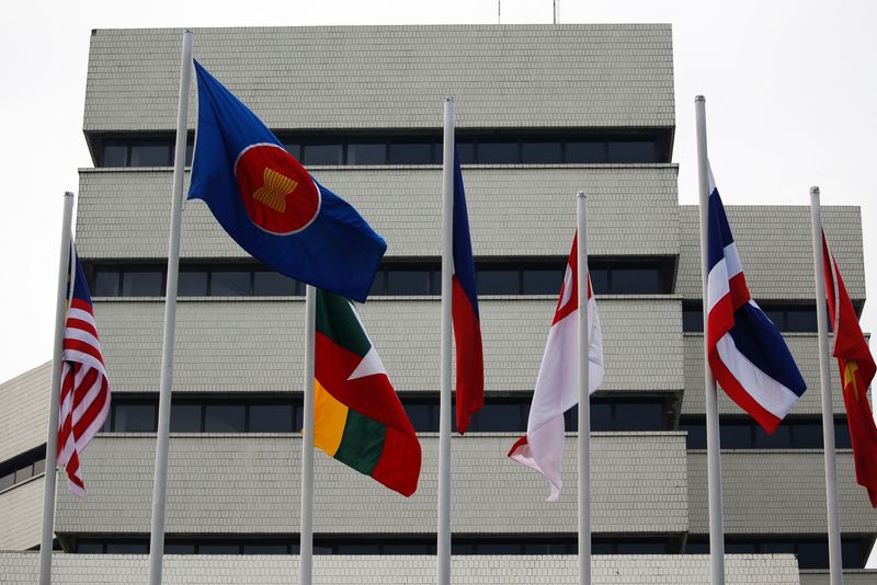 Flags outside ASEAN secretariat building ahead of the summit in