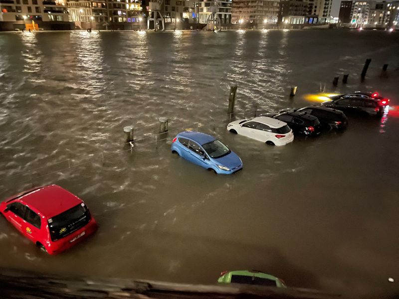 A flooded carpark is seen in Hamburg