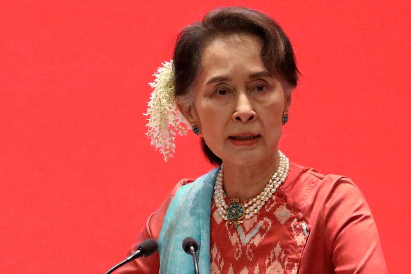 FILE PHOTO: Myanmar’s ousted leader Suu Kyi appears in prison