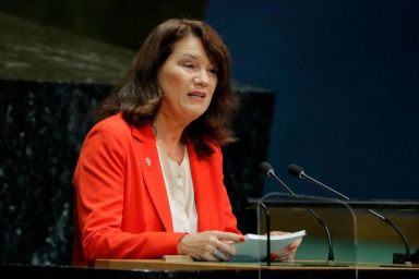 FILE PHOTO: Foreign Minister of Sweden Ann Linde addresses the