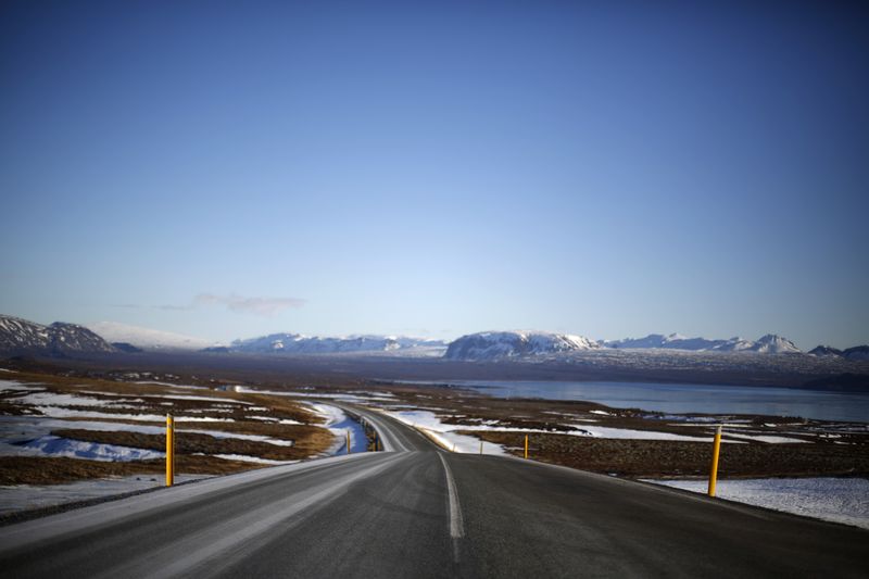 A road is seen near Thingvallavatn lake in southwestern Iceland