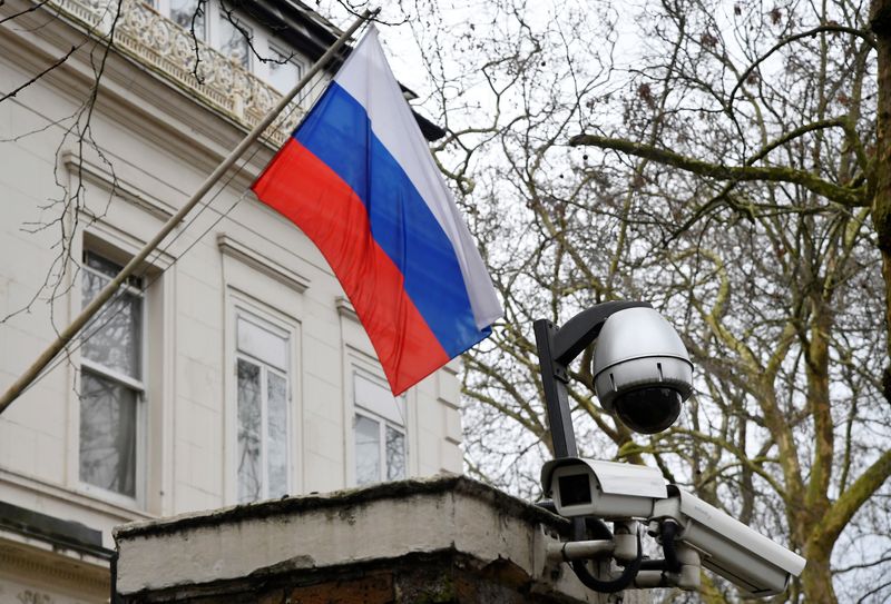 A flag flies outside the consular section of Russia’s Embassy