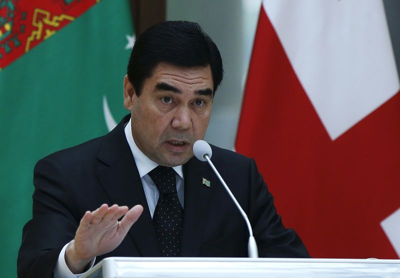 Turkmenistan’s President Berdymukhamedov speaks at a news briefing in Tbilisi