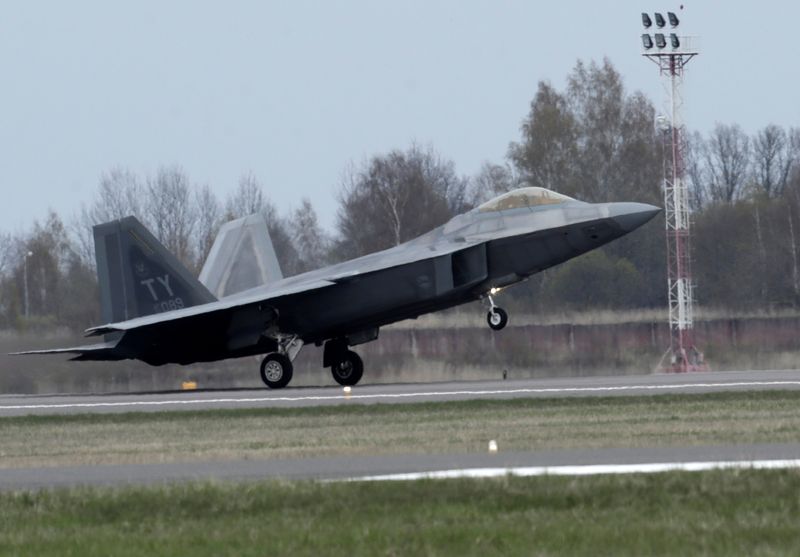 U.S. Air Force F-22 Raptor fighter lands in the military