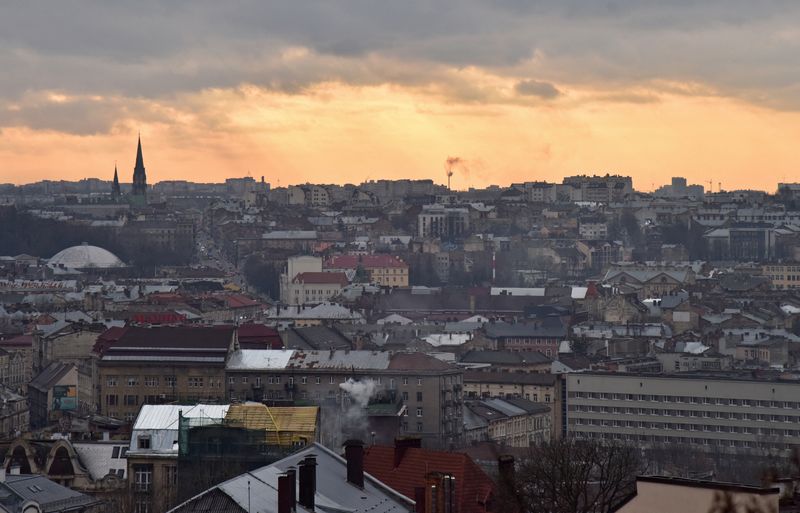 A general view shows buildings in central Lviv